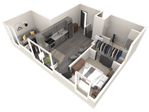 A 3D image of a small apartment with a kitchen, living room, and bedroom.